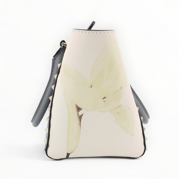 Valentino Garavani Floral Rockstud Crossbody 2way Tote Bag Gray Cream Leather - Picture 4 of 10